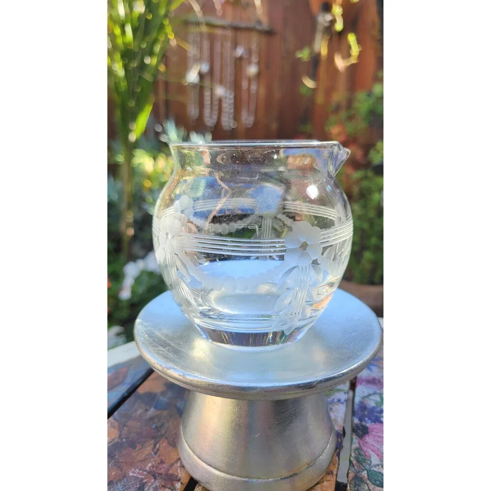 Etched Glass Nappy Bowl, Depression Era Clear Crystal Serving Bowl, 1930s